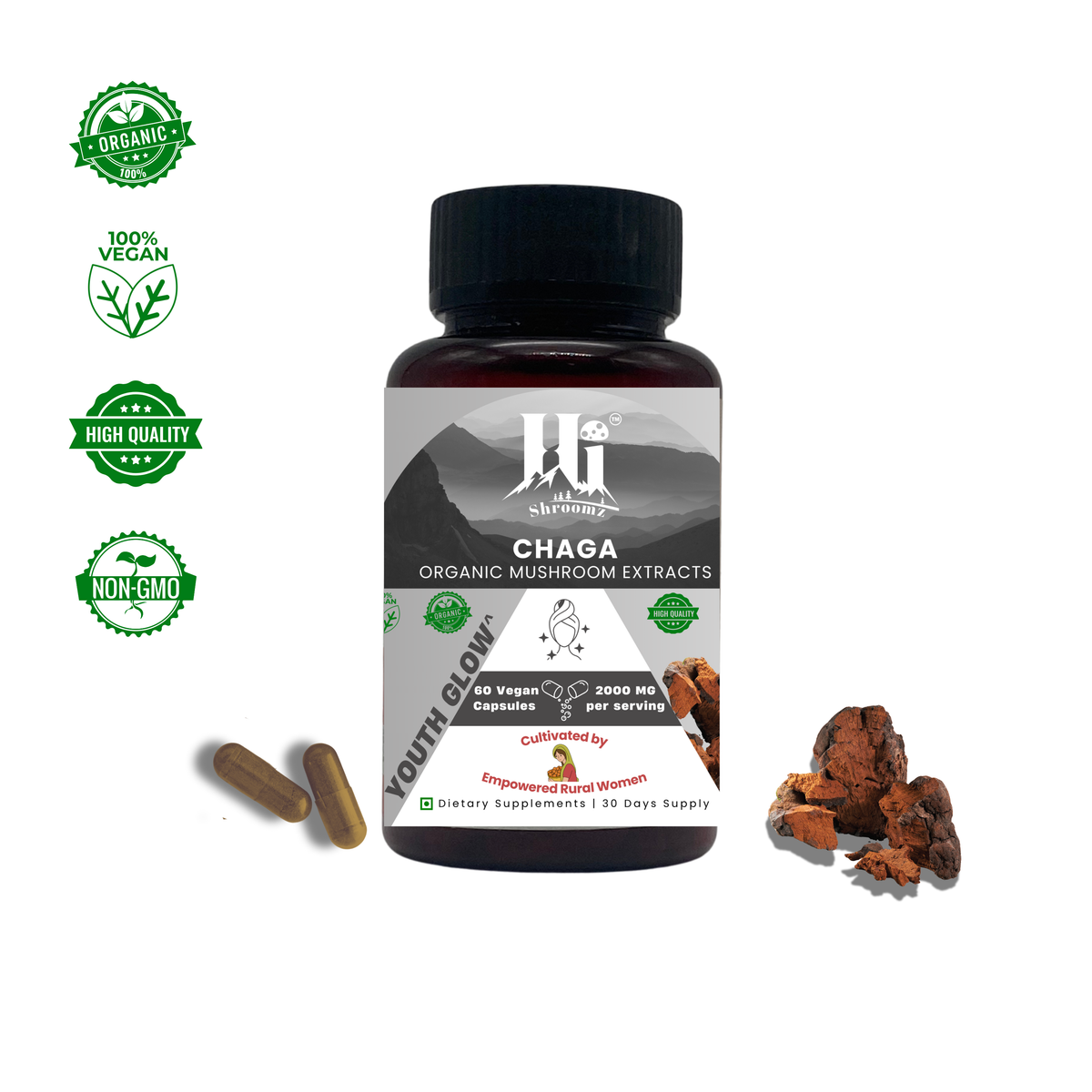 Chaga Mushroom Capsules 1000MG – Anti-Inflammatory, Skin & Immunity | Hi Shroomz™