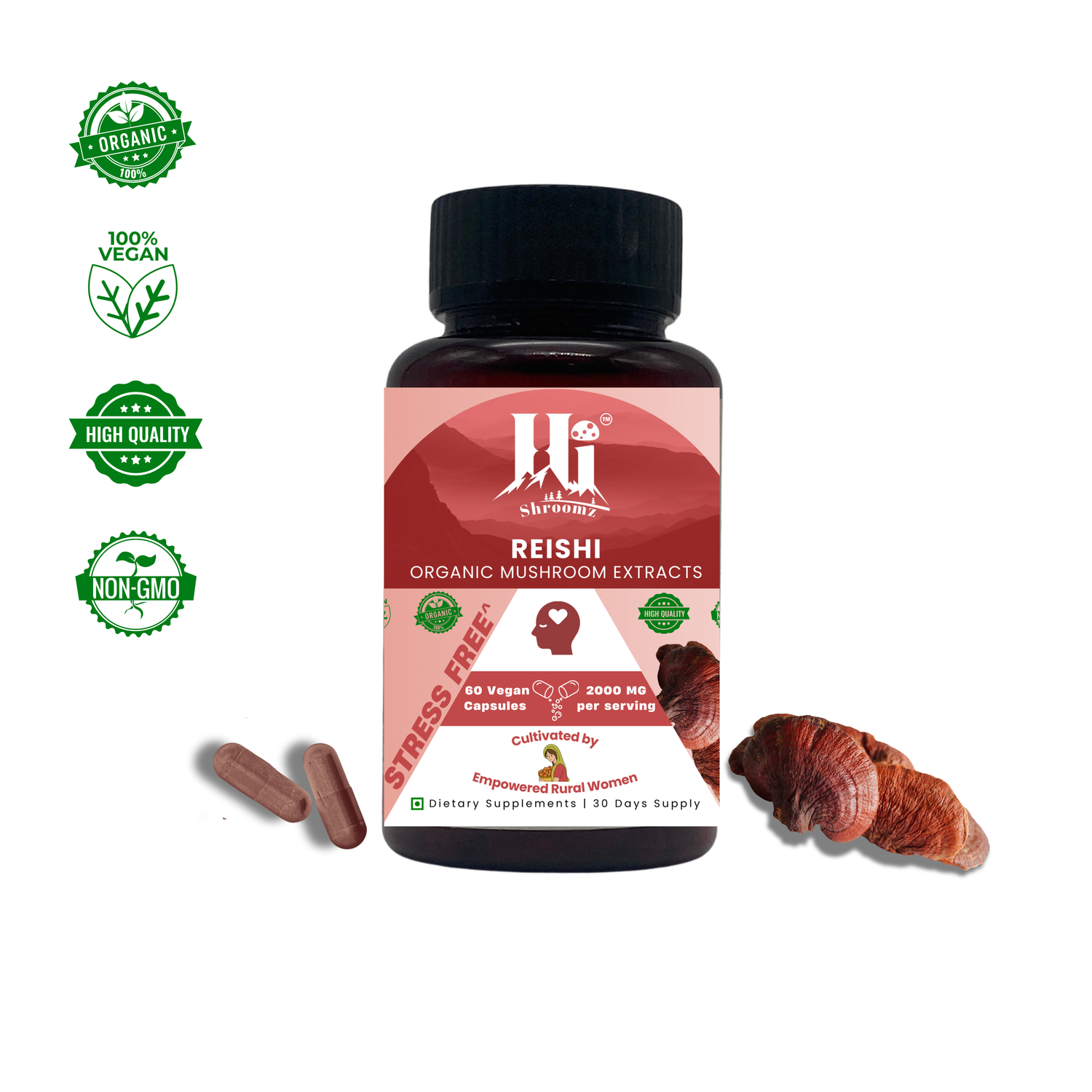 Red Reishi Mushroom Capsules India – Stress Relief, Himalayan, Women-Powered - Hi Shroomz - Han Agri Innovations Pvt. Ltd., Dehradun, Uttarakhand